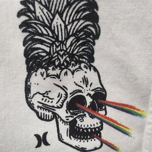 Hurley White Shirt with Skull and Rainbow Accents